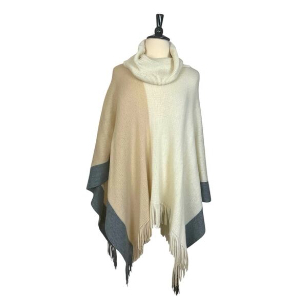 Sweater Cape Cowl Neck Fringe Hem Relaxed Cream Tan Gray Colorblock Women’s OS - Picture 1 of 10